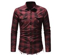 PPPPA Herren Slim-Fit Langarm Kariertes Fischgrätenhemd Klassischer Saum Denim Langarmhemd Denim Langarmhemd mit rohem Saum Herrenhemd Freizeithemd Langarm Herren Herren Lässig Langarm Jeanshemd