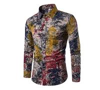 PPPPA Herrenhemd mit Blumenmuster, Button Langarmhemd mit Blumendruck, 100% Baumwolle, Retro, traditionelles ethnisches Muster, Leinen, Langarm, Herren-Paisley-Hemd, lässiges Retro-Button-Down-Hemd