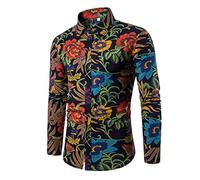 PPPPA Herrenhemd mit Blumenmuster, Button Langarmhemd mit Blumendruck, 100% Baumwolle, Retro, traditionelles ethnisches Muster, Leinen, Langarm, Herren-Paisley-Hemd, lässiges Retro-Button-Down-Hemd