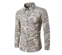 PPPPA Herrenhemd mit Blumenmuster, Button Langarmhemd mit Blumendruck, 100% Baumwolle, Retro, traditionelles ethnisches Muster, Leinen, Langarm, Herren-Paisley-Hemd, lässiges Retro-Button-Down-Hemd