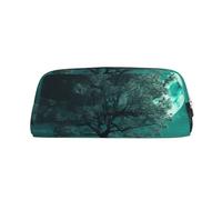 PPTHSNVB Federmäppchen, blaugrün, Baum im Mondschein, Federmäppchen mit Reißverschluss, großes Fassungsvermögen, Leder-Bleistifttasche, tragbare Make-up-Tasche für Damen und Herren, gold