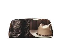 PPTHSNVB Federmäppchen Cowboy, schwarzer Hut, Westernstiefel, Federmäppchen mit Reißverschluss, großes Fassungsvermögen, Leder-Bleistifttasche, tragbare Make-up-Tasche für Damen und Herren, gold