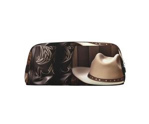 PPTHSNVB Federmäppchen Cowboy, schwarzer Hut, Westernstiefel, Federmäppchen mit Reißverschluss, großes Fassungsvermögen, Leder-Bleistifttasche, tragbare Make-up-Tasche für Damen und Herren, silber