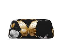 PPTHSNVB Federmäppchen, goldfarben, weiße Schmetterlinge, schwarz, Federmäppchen mit Reißverschluss, großes Fassungsvermögen, Leder-Bleistifttasche, tragbare Make-up-Tasche für Damen und Herren