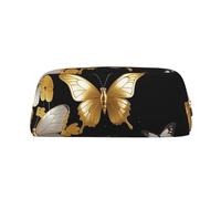 PPTHSNVB Federmäppchen, goldfarben, weiße Schmetterlinge, schwarz, Federmäppchen mit Reißverschluss, großes Fassungsvermögen, Leder-Bleistifttasche, tragbare Make-up-Tasche für Damen und Herren