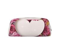 PPTHSNVB Federmäppchen in Herzform mit Blumenmotiv, mit Reißverschluss, großes Fassungsvermögen, Leder-Bleistifttasche, tragbare Make-up-Tasche für Damen und Herren, silber, Einheitsgröße, Druck