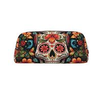 PPTHSNVB Federmäppchen mit buntem Totenkopf-Design, mit Reißverschluss, großes Fassungsvermögen, Leder-Federmäppchen, tragbare Make-up-Tasche für Damen und Herren, silber, Einheitsgröße, Druck
