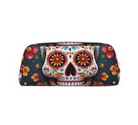 PPTHSNVB Federmäppchen mit buntem Totenkopf-Design, mit Reißverschluss, großes Fassungsvermögen, Leder-Federmäppchen, tragbare Make-up-Tasche für Damen und Herren, silber, Einheitsgröße, Druck