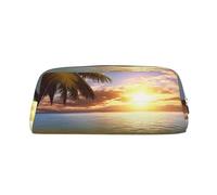PPTHSNVB Federmäppchen, Motiv: Sonnenuntergang, Palme, mit Reißverschluss, großes Fassungsvermögen, Leder-Bleistifttasche, tragbare Make-up-Tasche für Damen und Herren, silber, Einheitsgröße, Druck
