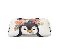 PPTHSNVB Federmäppchen Pinguin mit Blumen, Federmäppchen mit Reißverschluss, großes Fassungsvermögen, Leder-Bleistifttasche, tragbare Make-up-Tasche für Damen und Herren, silber, Einheitsgröße, Druck