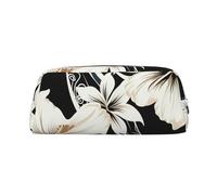 PPTHSNVB Federmäppchen, schwarz und weiß, hawaiianische Blumen, Federmäppchen mit Reißverschluss, großes Fassungsvermögen, Leder-Bleistifttasche, tragbare Make-up-Tasche für Damen und Herren, silber