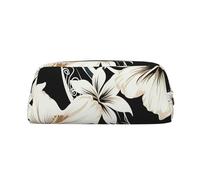 PPTHSNVB Federmäppchen, schwarz und weiß, hawaiianische Blumen, Federmäppchen mit Reißverschluss, großes Fassungsvermögen, Leder-Bleistifttasche, tragbare Make-up-Tasche für Damen und Herren, gold
