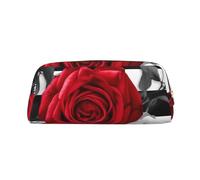 PPTHSNVB Federmäppchen, schwarz, weiß, gestreift, rote Rose, Blumen, Federmäppchen mit Reißverschluss, großes Fassungsvermögen, Leder-Bleistifttasche, tragbare Make-up-Tasche für Damen und Herren