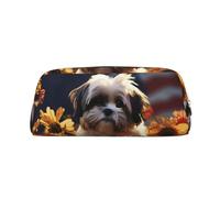 PPTHSNVB Federmäppchen Shih Tzu Hund und Blumen, Federmäppchen mit Reißverschluss, großes Fassungsvermögen, Leder-Bleistifttasche, tragbare Make-up-Tasche für Damen und Herren, gold, Einheitsgröße