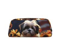 PPTHSNVB Federmäppchen Shih Tzu Hund und Blumen, Federmäppchen mit Reißverschluss, großes Fassungsvermögen, Leder-Bleistifttasche, tragbare Make-up-Tasche für Damen und Herren, silber, Einheitsgröße