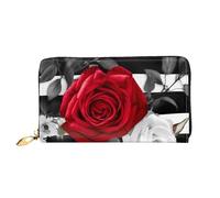 PPTHSNVB Schwarz Weiß Streifen Rote Rose Blumen Damen Geldbörse Große Kapazität Kreditkartenhalter Reißverschluss Telefon Clutch Damen Reise Geldbörse, Schwarz Weiß Streifen Rot Rose Blumen