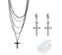 PPX 2 Stück Multi-Layer-Kette Anhänger Schwarzes Kreuz Metall lange Halskette und 1 Paar Kreuz Ohrringe Set für Mann, Frau, mit Aufbewahrungsbox
