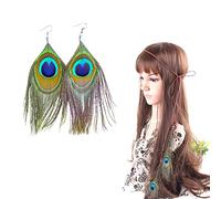 PPX Indianer kopfschmuck Feder Stirnband + 2 Ohrringe Damen Boho Haarschmuck mit Handgewebte Quasten Pfauenfeder Holzperle Einstellbar Haarband Kopfschmuck Federschmuck