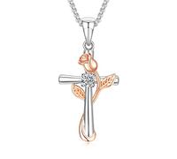 Praelinos Rose Kreuz Halskette für Frauen Weiß Vergoldet 5A Cubic Zirkonia Geburtsstein Silber Tone Anhänger Ketten Schmuck Geschenk für Damen Mutter Tochter Mädchen Muttertag Geburtstag (Weiß)