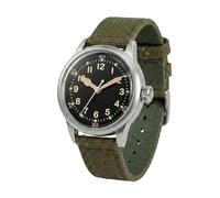 PRAESIDUS Armbanduhren für Herren - A11 Militär - Acrylglas, schwarzes Zifferblatt 38 mm & grünes Canvas-Armband - montiert in den USA, 2. Weltkrieg