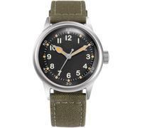 PRAESIDUS Service Watch - automatische Militäruhr, Herrenuhr - Zifferblatt aus schwarzem Edelstahl 38 mm, Armband aus grünem Stoff - Automatikuhr für Herren, Militäruhr, US A-11 WW2