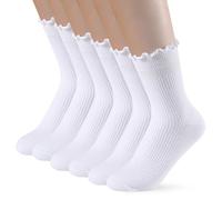 PRAOAHEI 6 Paar Socken mit Rüschen Damen Crew Mittelhoch Premium-Baumwolle Stricken Gestrickt Weiche Atmungsaktive Niedlich Geschenk für Frauen Mädchen Liebhaber Geliebte, Weiß