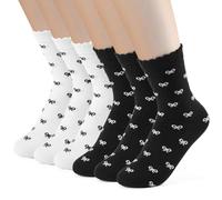 PRAOAHEI Socken mit Rüschen Damen 6 Paar Crew Premium-Baumwolle Stricken Gestrickt Weiche Atmungsaktive Niedlich Geschenk für Frauen Mädchen Liebhaber Geliebte Schleife, Schwarz+Cremeweiß