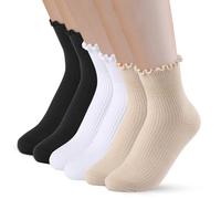 PRAOAHEI Socken mit Rüschen Damen 6 Paar Crew Premium-Baumwolle Stricken Gestrickt Weiche Atmungsaktive Niedlich Geschenk für Frauen Mädchen Liebhaber Geliebte, Schwarz+Weiß+Aprikose