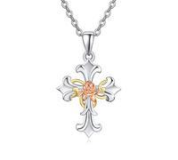 PRAYMOS Kreuz Halskette 925 Sterling Silber Rose Blume Kruzifix Anhänger Jesus Christlicher Schmuck Geschenke für Damen 18+2'' Silber Kette