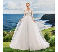 Premium Perlen bestickte Spitze V-Ausschnitt Langarm A-Linie Tüll Hochzeitskleid, luxuriös, romantisch, elegant, geeignet für Rasen, Kirche, Palast, S