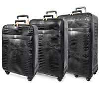 Premium PU Leder Croc-Print Gepäck Hybrid Shell Koffer leicht mit Schloss, 360° leichtgängiger Spinner & Stabilisatorrädern Black Elite, Schwarz , Set x3 (S-M-L), Set Gepäck mit Spinnrollen