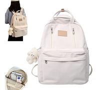 Preppy Backpack with Plushies, Light Academia Bookbags, Cute Vintage Backpack, Solid Aesthetic School Bag, for Teen Girls (Color : White)