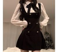 Preppy Style DressSweet Bow DressFake Two Pieces DressWaist Fitted Pleated DressLong Sleeve A Line DressWomen Autumn for Mini DressRevers Collar Dress BlackCasual Vacation DressSlimming Button