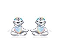 Presentski Opal Faultier Ohrringe Lächeln 925 Sterling Silber Bunte Blumen Nettes sitzendes Tier in Herzform Ohrstecker mit Platin überzogen Emaille Elegantes zierliches Geschenk für Frauen Mädchen