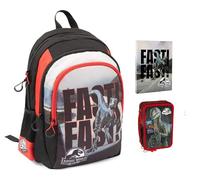 PRESTIGE & DELUXE Rucksack Jurassik Dinosaurier 3 Fächer für die Schule Kinder + Federmäppchen 3 Etagen + Tagebuch 2025/2026 + Geschenk 7 Stifte und Schlüsselanhänger Dinosaurier Metall 3D