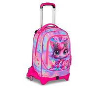 PRESTIGE & DELUXE Schultrolley Jack mit 3 abnehmbaren Rädern Cat LED Kätzchen, 3 in 1 für Grundschule Mädchen + 7 löschbare Stifte und Schlüsselanhänger mit Pailletten