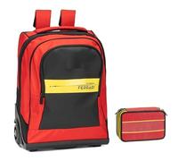 PRESTIGE & DELUXE Scuderia Italia Ferrari Rucksack erweiterbar für Grund- und Sekundarschule Jungen + Federmäppchen 3 Etagen komplett + Schlüsselanhänger Pfeife und 7 mehrfarbige Stifte, mehrfarbig