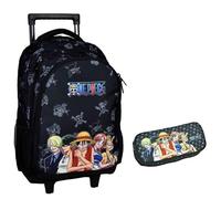 PRESTIGE & DELUXE Trolley Bag Schulrucksack One Piece Schwarz + Federmäppchen oval Reißverschluss 2 Fächer + Schlüsselanhänger Figur, mehrfarbig, standard, trolley