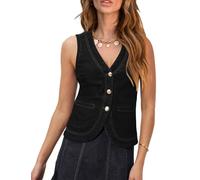 PRETTODAY Damen-Denim-Weste mit V-Ausschnitt, Knopfleiste, ärmellos, lässig, Jeans, Taillenbund, Schwarz, X-Large