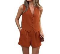 PRETTYGARDEN 2-teiliges Sommer-Outfit für Damen, V-Ausschnitt, ärmellos, Button-Down-Weste, Shorts, Set, Business, Arbeit, passendes Set 2025, Orange/Abendrot im Zickzackmuster (Sunset Chevron), Groß