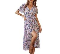 Prettygarden 2024 - Blumenkleid im Boho-Stil für Damen, V-Ausschnitt, kurze Ärmel, mit Gürtel, Saum mit Rüschen, A-Linie, langes und fließendes Kleid, L