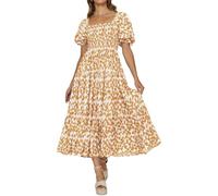 PRETTYGARDEN Damen Boho Blumendruck Sommerkleider Quadratischer Ausschnitt Puffärmel A Linie Langes Kleid Gesmokt Casual Maxikleid, Florale Aprikose und Gelb, Mittel