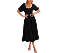 PRETTYGARDEN Damen Frühling Kleider 2024 Puffärmel V-Ausschnitt Schweizer Dot Hohe Taille Chiffon Kleid Tiered Gesmokte Maxikleider, Schwarz, Groß