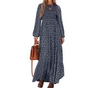 PRETTYGARDEN Damen Frühlingskleider 2025, langärmelig, fließend, lässig, Blumenmuster, Maxikleid, Rundhalsausschnitt, gesmokt, gestuft, langes Kleid, Marineblau, X-Groß