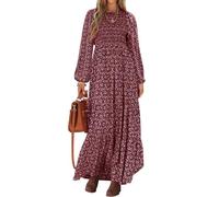 PRETTYGARDEN Damen Frühlingskleider 2025, langärmelig, fließend, lässig, Blumenmuster, Maxikleid, Rundhalsausschnitt, gesmokt, gestuft, langes Kleid, Weinrot, Mittel