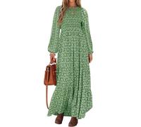 PRETTYGARDEN Damen Frühlingskleider 2025, langärmelig, fließend, lässig, Blumenmuster, Maxikleid, Rundhalsausschnitt, gesmokt, gestuft, langes Kleid, Grün, Groß
