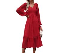 PRETTYGARDEN Damen Herbst Kleider 2023 Langarm V-Ausschnitt Swiss Dot Empire Taille Chiffon Kleid Rüschen Gesmokte Midi Kleider, Rot/Ausflug, einfarbig (Getaway Solids), Mittel