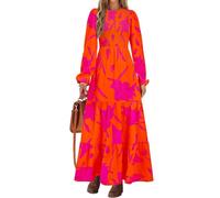 PRETTYGARDEN Damen Herbstkleider 2024, langärmlig, fließend, lässig, Blumenmuster, Maxikleid, Rundhalsausschnitt, gesmokt, gestuft, langes Kleid, Orange, Rose, rote Blume, Klein