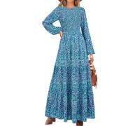 PRETTYGARDEN Damen Herbstkleider 2024, langärmlig, fließend, lässig, Blumenmuster, Maxikleid, Rundhalsausschnitt, gesmokt, gestuft, langes Kleid, Florales Violett-Grün, Klein