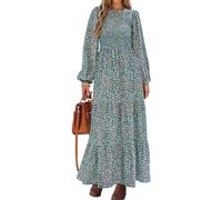 PRETTYGARDEN Damen Herbstkleider 2025, langärmelig, fließend, lässig, Blumenmuster, Maxikleid, Rundhalsausschnitt, gesmokt, gestuft, langes Kleid, Olivgrün, Groß